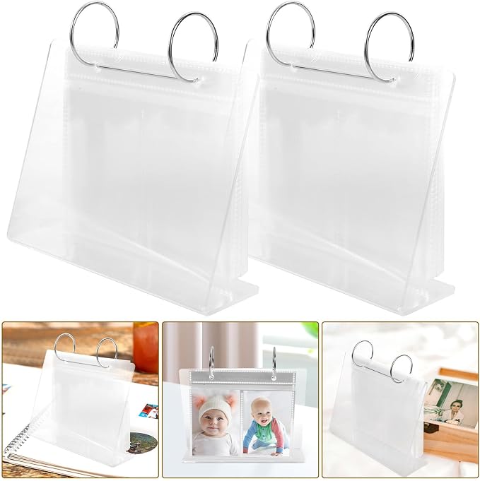 2pcs Acrylic Desk Photo Frame Flip Album with Calendar Style Design Tabletop Picture Holder for Displaying and Changing Photos Easily