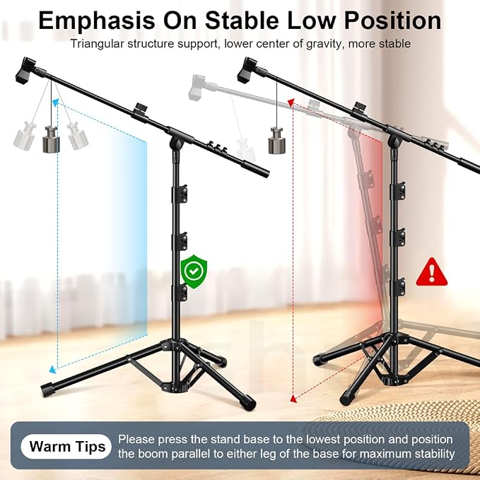 Microphone Stand, Tripod Boom Arm Floor Mic Stand Height Adjustable Heavy Duty for Singing Podcast for Blue Yeti Shure SM58 SM48 Samson Q2U