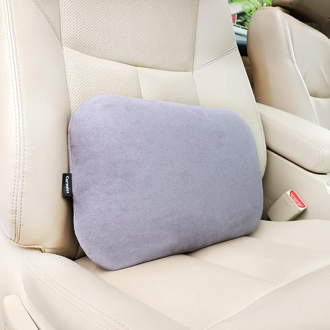 Carwales Lumbar Support Pillow for Car Seat Cushion Office Chair Thin Lower Back Pain Waist Support Driver Road Trip Accessories for Women Men Grey