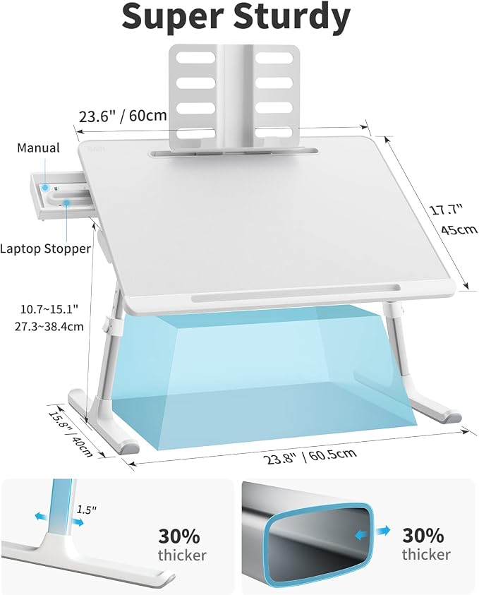 Laptop Bed Tray Table, SAIJI Adjustable Bed Desk for Laptop, Foldable Laptop Stand with Storage Drawer for Eating, Working, Writing, Gaming, Drawing (White, X-Large)