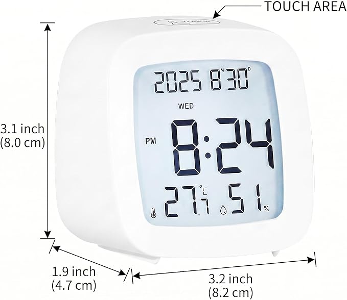 Digital Alarm Clock with Backlight, Snooze, Temp & Humidity Display,White | Time, Date & Weekday Temperature & Humidity Touch Backlight 5-Minute Snooze,Battery Operation Long Battery Life