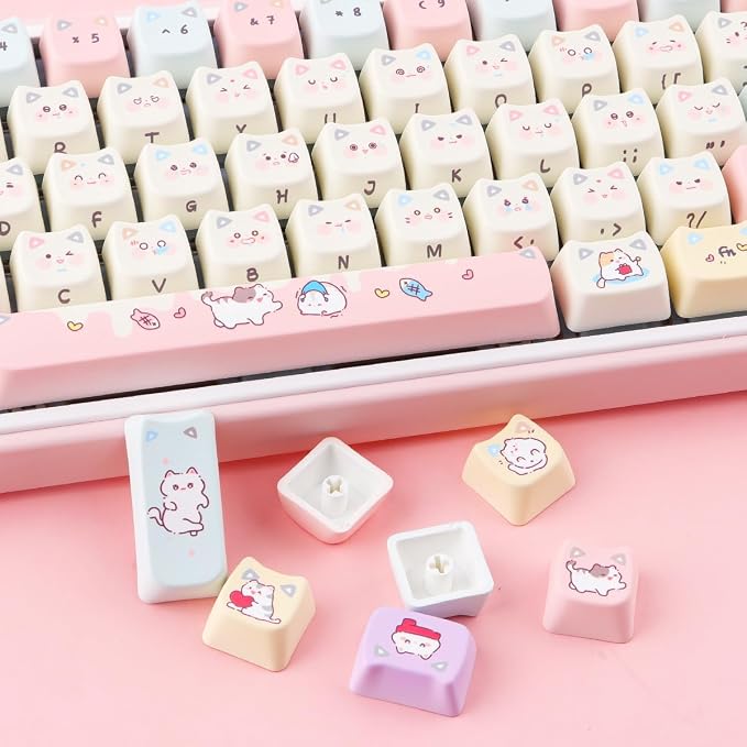 Tsungup PBT Keycaps Mao Profile-Pink Cream Keycap,127 Keys Cute Hiding Cat Theme Custom Key Caps Keyboard Keycaps, Dye Sub Keycap Set for 60%,65%,75%,100% Mechanical Keyboard