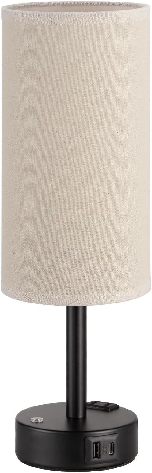 Touch Bedside Table Lamp with Memory - Stepless Dimmable Lamp for Bedroom, Small Nightstand Lamp with Dual USB Charging Ports and AC Outlet, Wood Night Light, Desk Lamp for Nursery (Beige & Black)