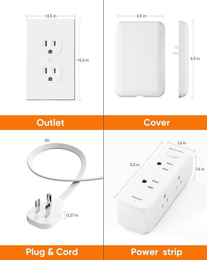Olcorife Flat Extension Cord with Outlet Cover, Flat Plug Power Strip with 6 Outlets, 5 FT Cord Hidden Outlet Extender for Tight Spaces
