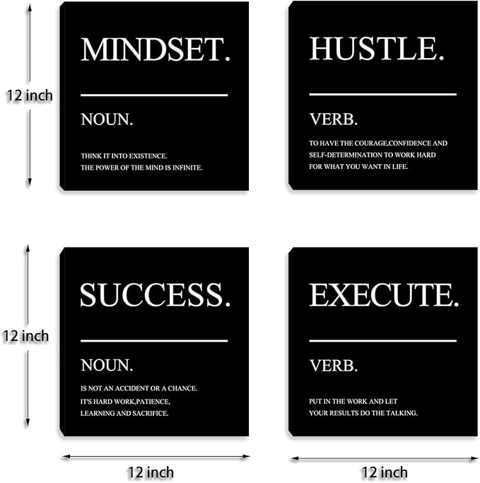 Framed Motivational Wall Art for Home Office - Inspirational Hustle Canvas - Mindset Decor for Living Room, Bedroom, Men's Office - 12"x12"x4PCS
