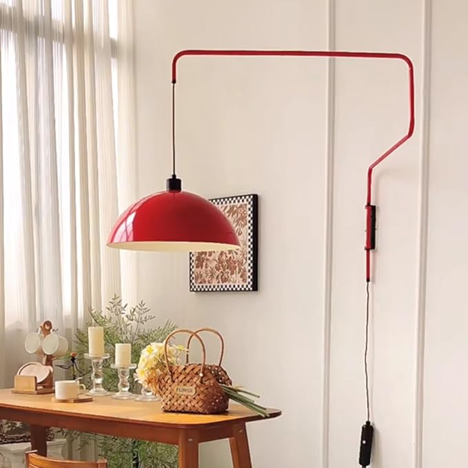Modern Swing Arm Wall Sconce Plug in Red Wall Lamp Dome Shade Wall Mounted Long Arm Light Mid Century Bedside Reading Wall Light for Bedroom Living Room