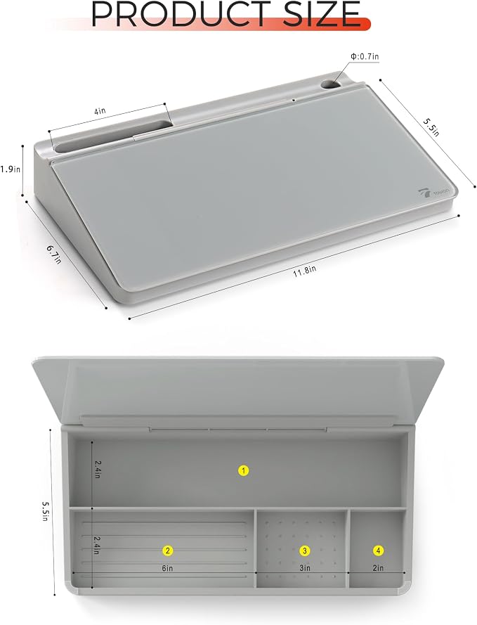 TOWON Small Compact Glass Desktop Whiteboard with Storage – 12 x 7 in Dry Erase Board for Desk, Home Office, School | Includes 5 Markers, Eraser & Holder | Space-Saving Organizer, Stone Gray