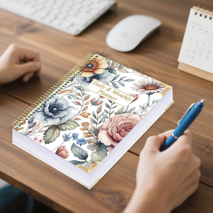 Undated Daily Monthly Planner for 2026 or Anytime - A4 To Do List with Hourly Schedule, Hardcover Spiral Bound Daily Planner to Increase Focus, Stylish School/Office Supplies, 8.5" x 11", Flower