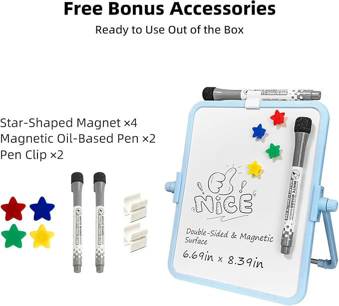 Colorful Dry Erase White Board 6.7x8.4in, Magnetic Desktop Board with Stand, 2 Markers (Eraser Head), 4 Magnets - Double-Sided Easel for Daily Planning, Memo, Office/Home/School (Blue)