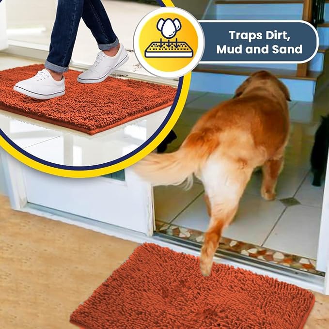 Muddy Mat® | Super Absorbent Door Mat Indoor, Microfiber Quick Dry Chenille Entryway Rug, Non-Slip Front Door Mat, Indoor Mats for Entryway, Machine Washable Pet Rug, Coral 16" x 24"