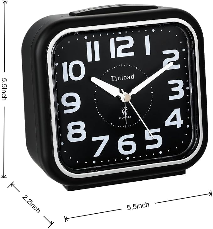 Tinload 5.5" Large Analog Alarm Clock Silent Non Ticking, Gentle Wake, Beep Sounds, Increasing Volume, Battery Operated Snooze and Manual Light, Easy Set, Black (Best for Elder)