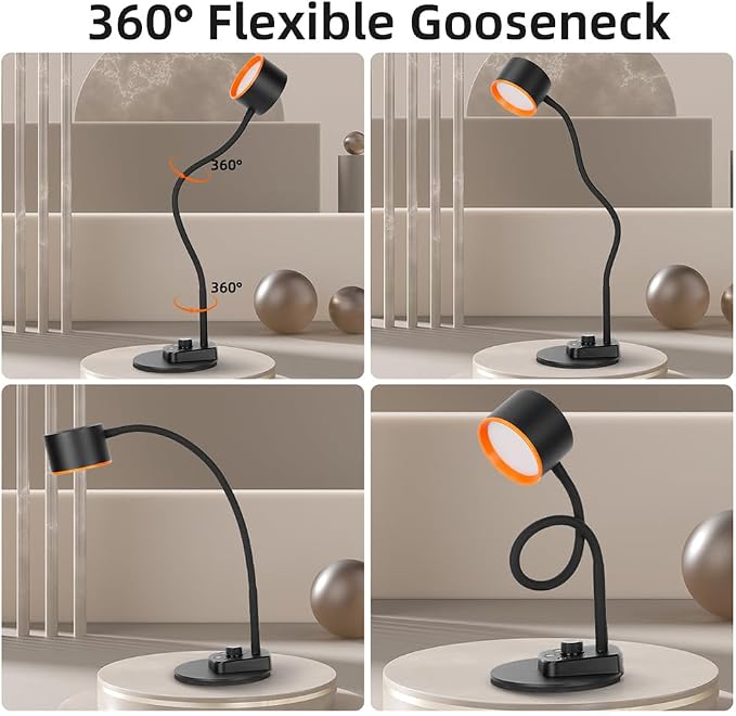 LiFMIRA Desk Lamp, LED Desk Lamp with USB C + A Charging Ports, 5 Colors Fully Dimmable Eye Care Reading Lamp for Bedside Table Full Metal Efficient Gooseneck Table Lamp for Home Office Black