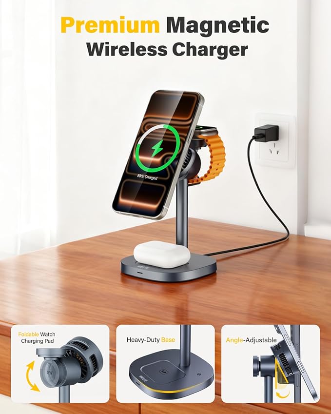 25W Fast Wireless Charger Stand for Apple MagSafe Charger, 3 in 1 Charging Station with TEC Cooling, QI2.2 Magnetic Wireless Charger for iPhone17/16/15/14/13/12, Apple Watch, AirPods, Gifts for Men