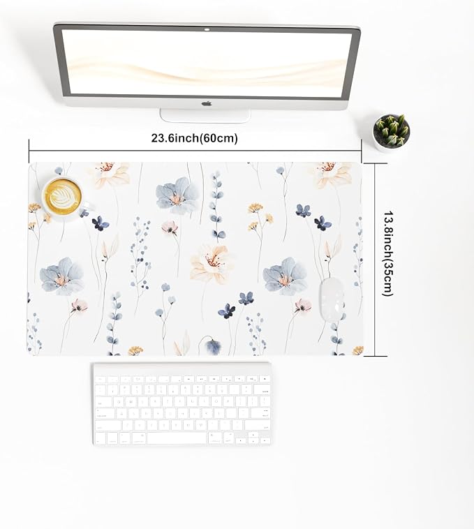 QIYI PU Leather Large Mouse Pad, Waterproof Desk Mat, 23.6" x 13.8", Sprigs | Extended Size Gaming Mousepad, Faux Leather Desk Pad, Desktop Writing Pads for School Office Home, Watercolor Floral Pattern