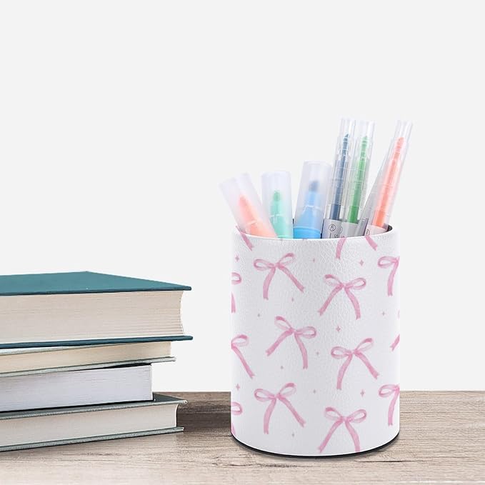 Bow Pen Holder for Desk PU Pencil Cup Organizer | Round Desks Makeup Brush Holder for School Multifunctional Office Supplies