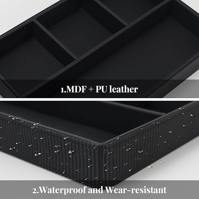 Buqoo PU Leather Desk Organizer Tray, Office Supplies Storage Valet Tray | Black PU leather desk organizer tray with multiple compartments, keeps office supplies, jewelry and items neat and accessible