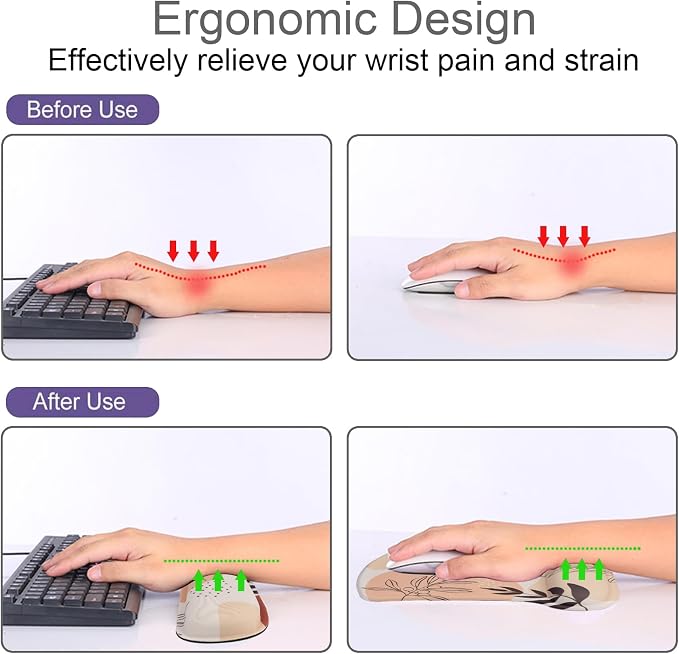 Mouse Pad and Keyboard Wrist Rest Support, with Non-Slip PU Base,Gel Mouse Pad with Coaster,Pain Relief for Gaming, Computer,Office -Boho Style