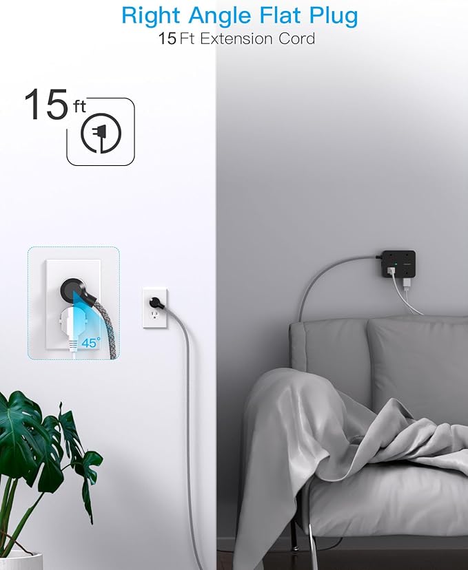 Long Extension Cord 15 ft, HANYCONY Surge Protector Power Strip 15 Feet with 4 Outlets 4 USB Ports (2 USB C), 3 Prong Desk Charging Station, Wall Mount for Indoor Essentials