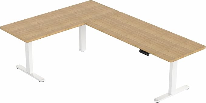VIVO Electric Height Adjustable 83 x 60 inch Corner Stand Up Desk, 2 Solid Bamboo Table Tops, White Frame, Memory Controller, L-Shaped Workstation, 3E Series, DESK-KIT-3E8WO