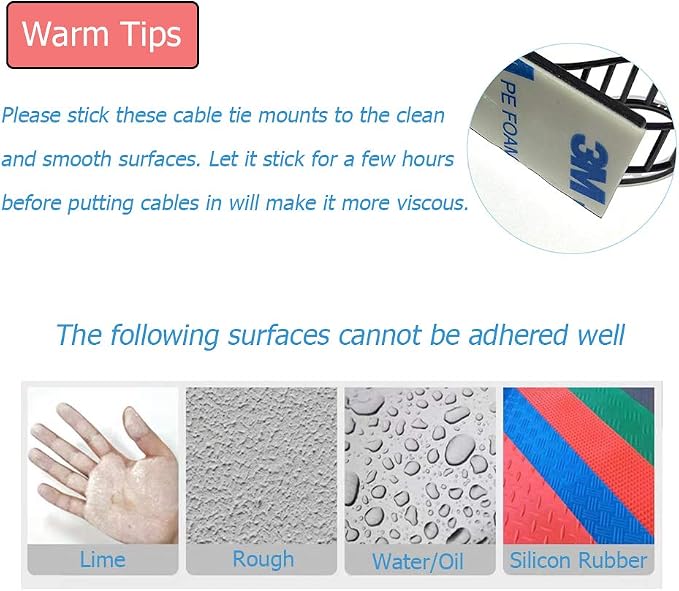50pcs 2 Sizes Adjustable Adhesive Cable Ties Cable Clips Wire Strap Cord Clamp for Cable Management at Home and Office + 100pcs Nylon Zip Ties