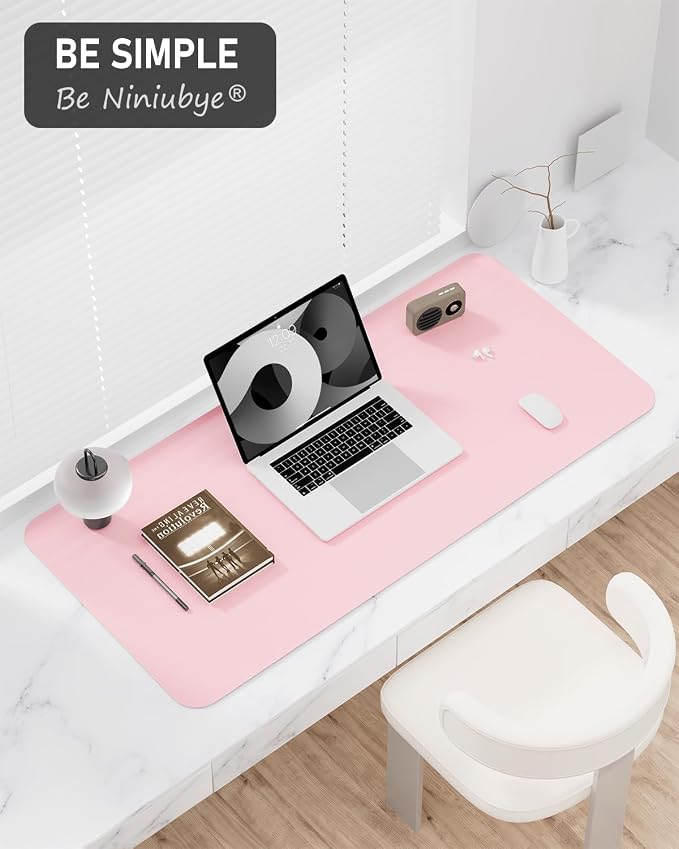 Desk Pad, 30" x 14" PU Leather Non-Slip Desk Mat Large Mouse Pad for Desktop, Waterproof Laptop Computer Writing Mat for Office, Home, Work, Gaming, Light Pink
