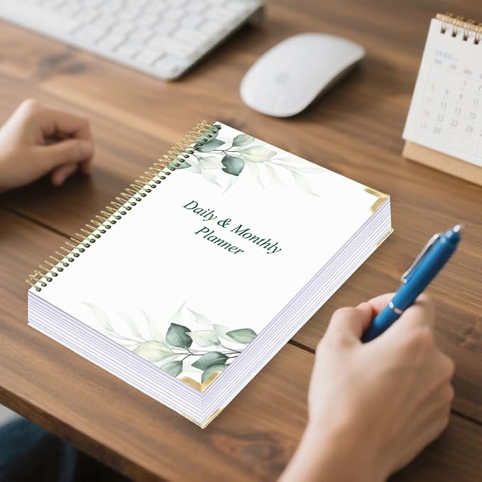 Undated Daily Monthly Planner for 2026 or Anytime - A4 To Do List with Hourly Schedule, Hardcover Spiral Bound Daily Planner to Increase Focus, Stylish School/Office Supplies, 8.5" x 11", Green Leaf