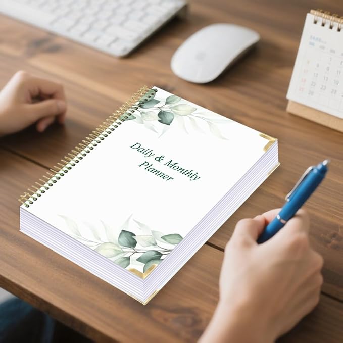 Undated Daily Monthly Planner for 2026 or Anytime - A4 To Do List with Hourly Schedule, Hardcover Spiral Bound Daily Planner to Increase Focus, Stylish School/Office Supplies, 8.5" x 11", Green Leaf