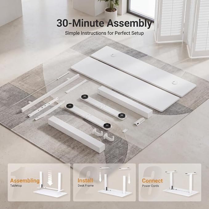 Claiks Electric Small Standing Desk, 32x19 Inch, White | Adjustable height for sit-stand, 156lbs capacity, scratch-resistant surface, 3 memory presets, cable management & hook.
