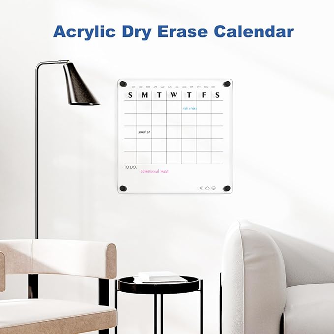 Acrylic Calendar for Wall Whiteboard, 12" x 12" Weekly Clear Dry Erase Board, Small Planning Board White Board for Wall, Home, Office, School