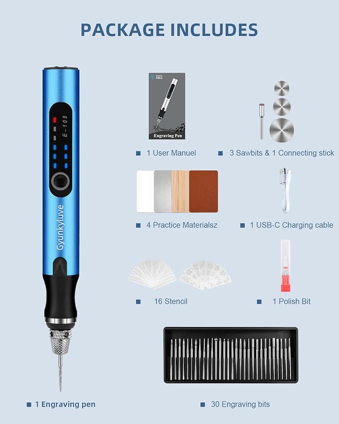 Upgraded Electric Engraving Pen, Wireless Engraving Pen Kit with 34 Bits & 3-Speed Adjust, Practice Materialse & Stencil, Rotary Tool for 60+ Surfaces Cordless Engraver Pen for Artists & DIY