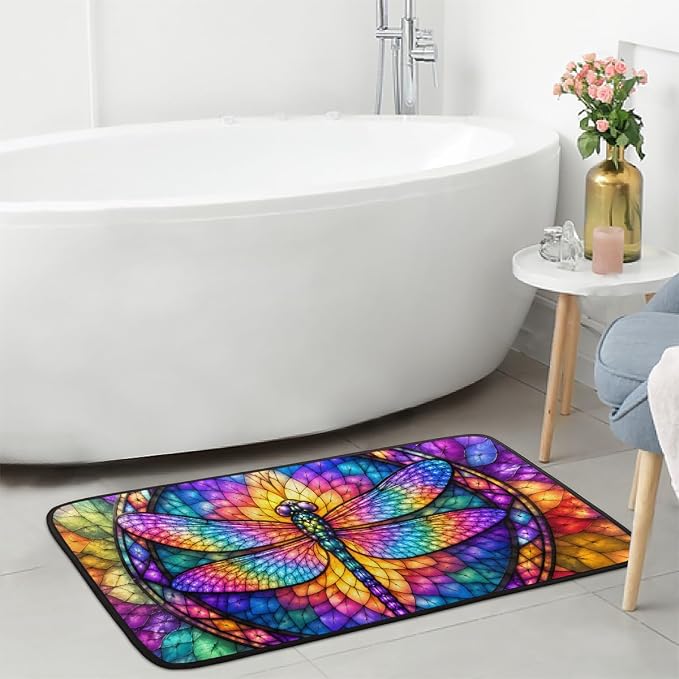 Dragonfly Kitchen Mats Cushioned Anti Fatigue Kitchen Rugs Non-Slip B-1 | Dragonfly Glass Painting Non-Slip Standing Desk Mat, Absorbent Kitchen Rug for Floor, Kitchen, Office, Sink, 20"×39"