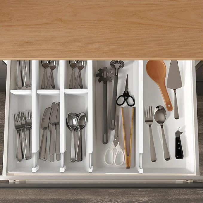 Expandable Bamboo Drawer Dividers, Drawer Separators,17-22 inches Adjustable Spring-loaded Organizer for Large Utensil, Clothes, Tools Drawers, 6Pack (White)