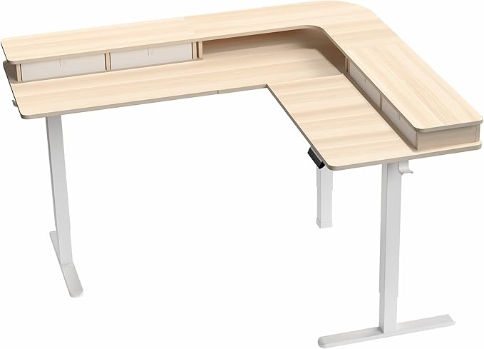 VIVO Electric 2-Tier Corner L-Shaped 63 x 55 inch Standing Desk, Height Adjustable, Memory Controller, Light Wood Top White Frame, Light Gray Drawers, DESK-E3CVC