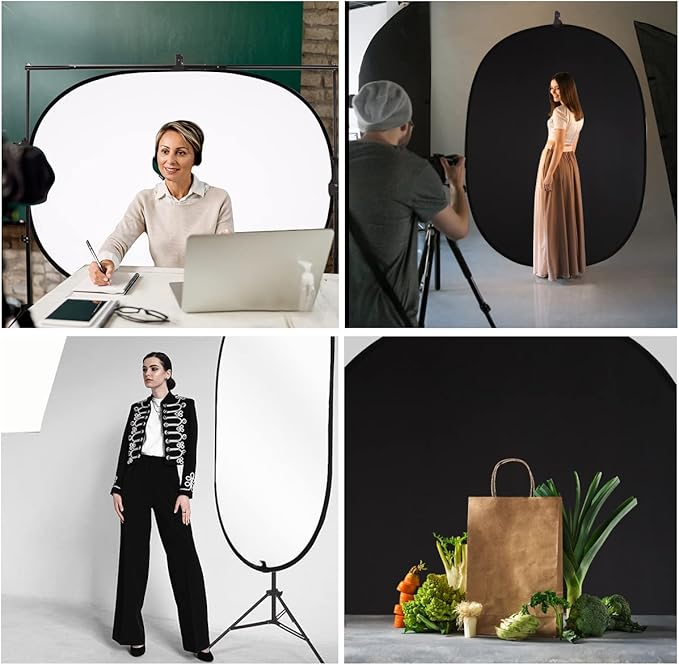 5 * 6.5 ft (2mX1.5m) 2 in 1 Polyester Muslin Black White Collapsible Backdrop Pop-Up Portable Collapsible Reversible Photography Background with Carrying Bag