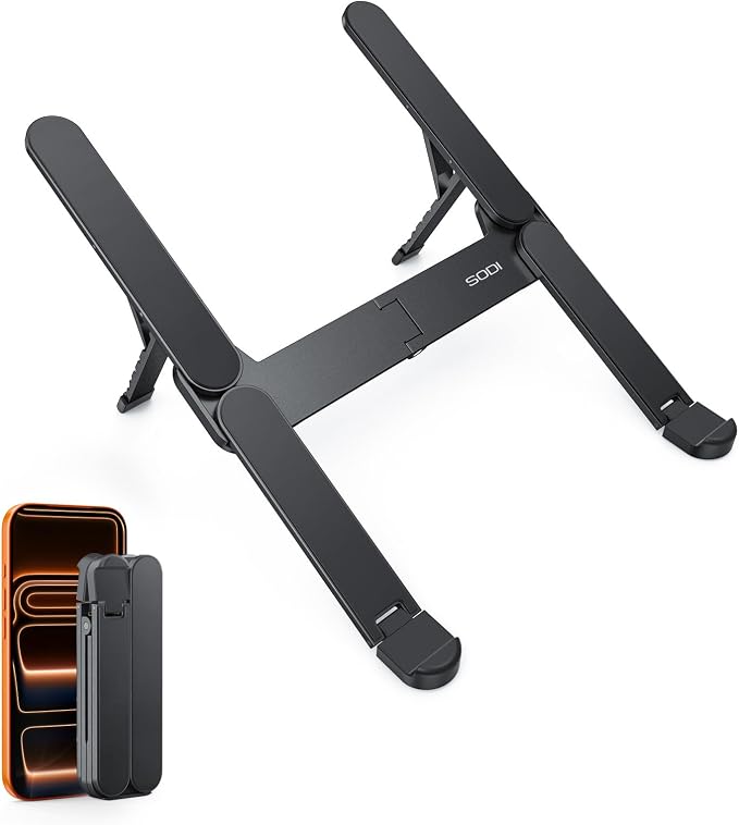 SODI Ultra Compact Foldable Laptop Stand - Portable Laptop Holder for Desk & Travel Use, Ergonomic Aluminum Computer Holder with Adjustable Height for MacBook, Tablet 10-16" (Dark Black, Bi-Fold)