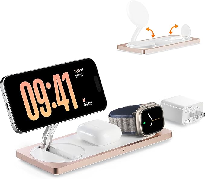 PETINO 3 in 1 Wireless Charging Station for Apple Devices with MagSafe | For iPhone 17/Air/16/15/14/13/12, AirPods & Apple Watch, Foldable Portable Aluminum Charging Stand, Adapter Included