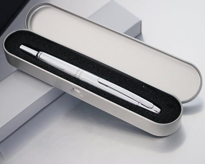 Jinhao 10 Retractable Fountain Pen, Wavy Silver Chromium F Writing Pen with Converter and Pen Box