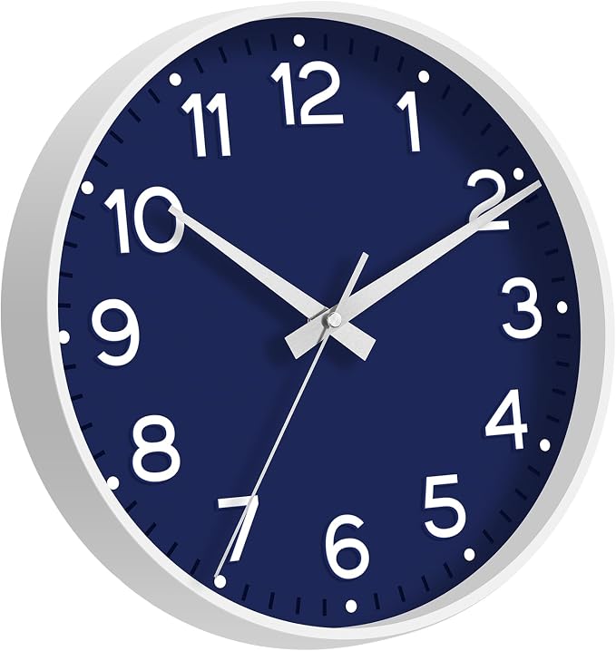 Roymnie 8 Inch Wall Clock, Battery Operated Silent Non Ticking Analog | Navy Blue modern analog; large 3D easy-read dial for kitchen, office, bathroom & bedroom; 1 AA battery (not included)