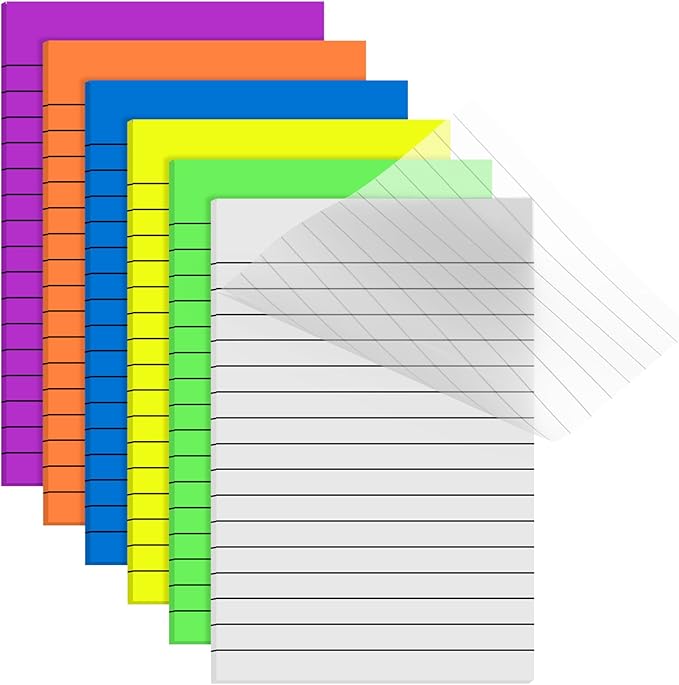 Yinder 6 Pack 180 Sheets Pastel Transparent Sticky Notes Translucent Clear Lined Self-Stick Note, Back to School Gifts for Bible Tabs, Book Tabs, School Supplies, Office, 4 x 6'' (Bright Color)