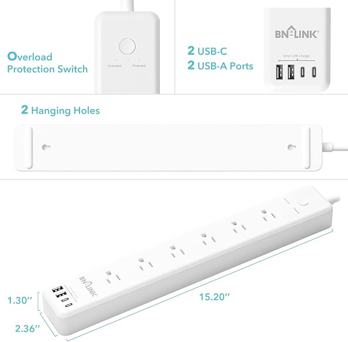 BN LINK Smart Plug Power Strip,Surge Protector with 6 Individually Controlled Smart Outlets, 4 USBs (incl. 20W USB-C), Compatible with Alexa and Google Home