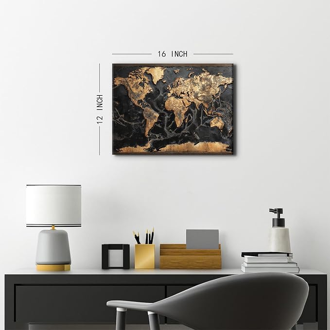 World Map Wall Art for Office Black and Gold Wall Decor Vintage Map of The World Picture Abstract Global Maps Canvas Prints Retro Nautical Artwork for Living Room Men Bedroom Home Decoration 12x16"