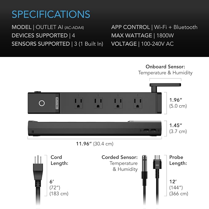 AC Infinity Outlet AI, Environment Controller, Smart WiFi Power Strip, Dual-Zone Temperature Humidity, Individual Control 4 Plugs, AI Targeting, Thermostat Greenhouse Aquarium Terrarium Home, 1800W