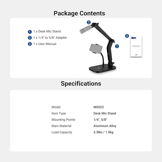 NEEWER Desk Microphone Stand with Phone Clamp & Flexible Arm, Adjustable Table Top Mic Holder Mount with 1/4" to 5/8" Screw Adapter Compatible with Blue Yeti Razer Seiren Mini, Max Load 3.3 lbs, MS022