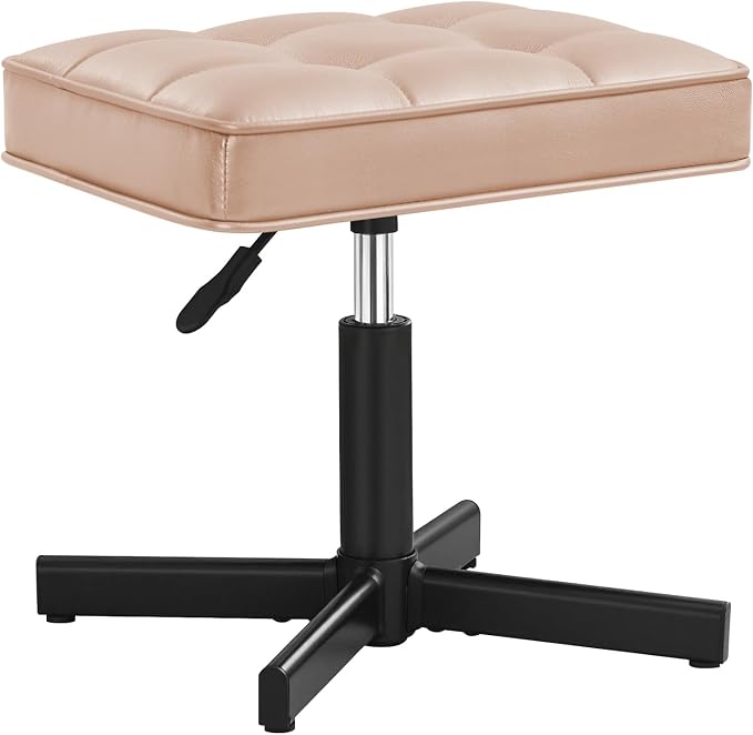 LUE BONA Adjustable Vanity Stool, 15''-19.5'' Foot Rest Under Desk, 360° Swivel Vanity Chair for Makeup Room, Rose Gold Upholstered Faux Leather Ottoman for Bathroom & Living Room, 300lbs