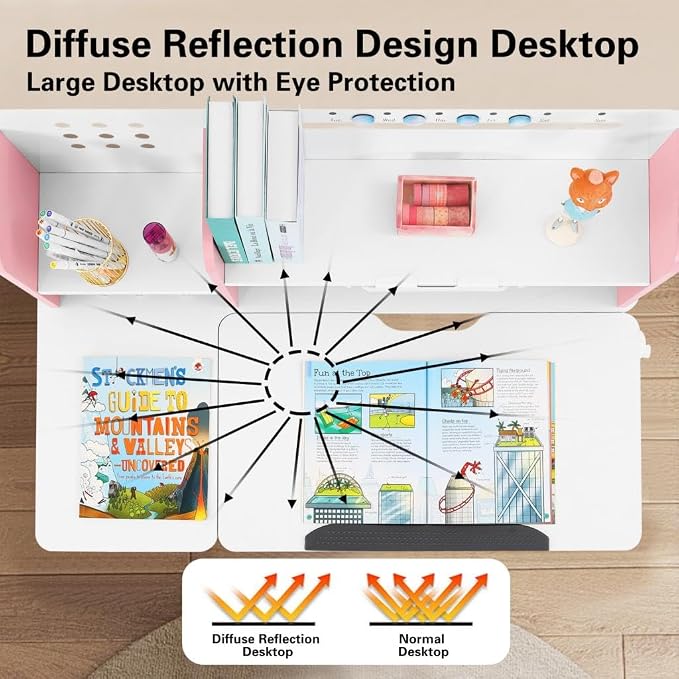 39in Wide Adjustable Height Kids Desk with Tilting Desktop, Bookshelf Hutch | Height-adjustable study desk with steel frame, drawer and bookshelf hutch for reading, writing and drawing, Ages 3-12