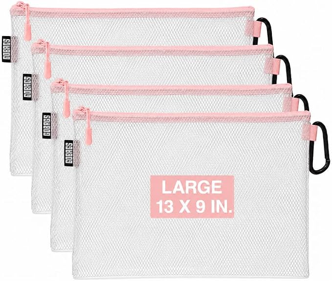 GOBAGS Air Production Large Clear Zipper Pouch (4-Pack) – Cable Organizer & Travel Gear Bag for Electronics, Camera Accessories, Tool Pouch & Small Tech Storage (Pink)