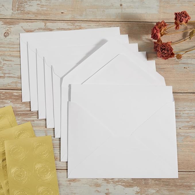 50 Pack White A6 Envelopes with Cards and Gold Stickers, 4x6 | With Thick Folded Cardstock, For Greeting Cards, Wedding, Birthday, Invitations, Baby Showers
