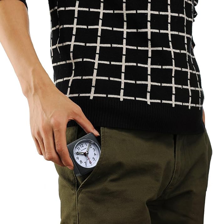 Peakeep Ultra Small, Battery Travel Alarm Clock with Snooze and Light | Silent No Ticking Analog Quartz Clock (Black)