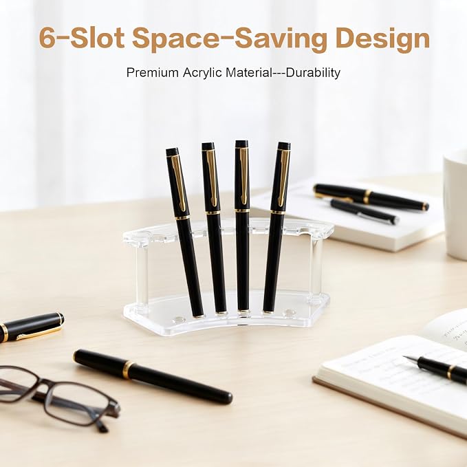 4Pcs Acrylic Pen Display Stand Clear Pen Holder for Desk, 6-Slot Plastic Pens Organizer Rack Beaded Pencil Holder Rest for Fountain Pens Marker Eyebrow Makeup Nail Brush