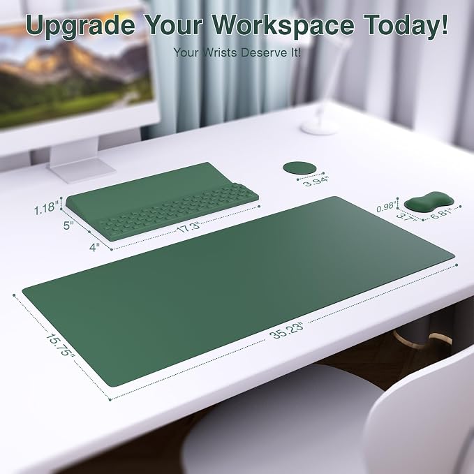 Ospelelf Keyboard Wrist Rest Stand Pad and Ergonomic Mouse Pad Set with Large Mousepad, Memory Foam Comfort, Premium Office Desk Accessories for Pain Relief, Green